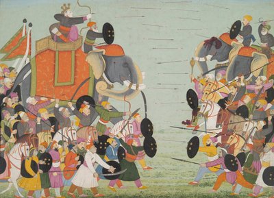 Illustratie uit een Bhagavata Purana Serie, Boek 10, Gevecht tussen Balarama en Jarasandha, 1760-65 door Mughal School